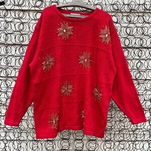 Vintage 90s August Max oversize VOLUP knit red holiday sweater beaded snowflakes